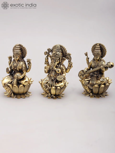 5" Small Superfine Trio of Ganesha Lakshmi Saraswati | Brass Statues