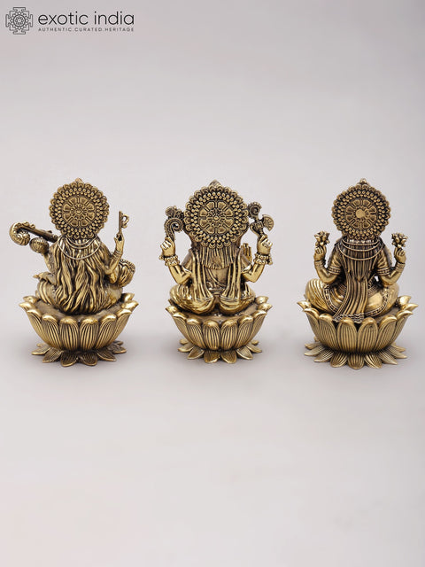 5" Small Superfine Trio of Ganesha Lakshmi Saraswati | Brass Statues