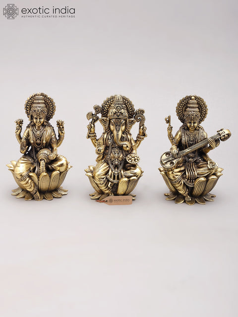 5" Small Superfine Trio of Ganesha Lakshmi Saraswati | Brass Statues