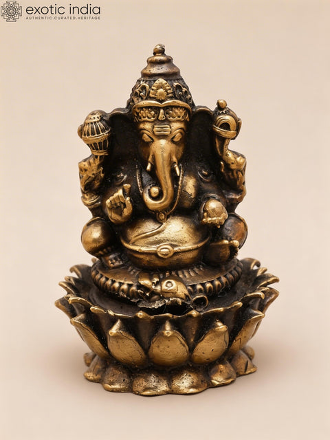 3" Small Chaturbhuja Lord Ganesha Seated on Lotus | Copper Idol