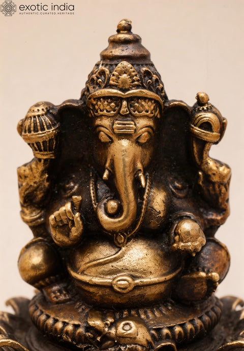 3" Small Chaturbhuja Lord Ganesha Seated on Lotus | Copper Idol