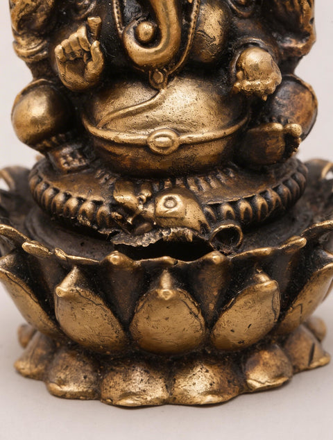 3" Small Chaturbhuja Lord Ganesha Seated on Lotus | Copper Idol