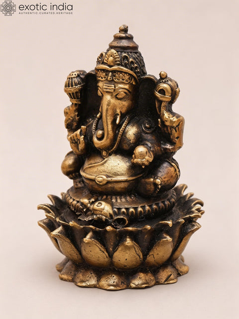 3" Small Chaturbhuja Lord Ganesha Seated on Lotus | Copper Idol