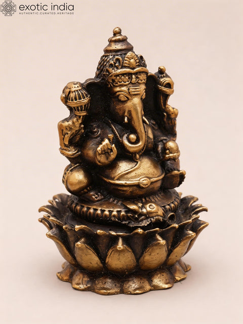 3" Small Chaturbhuja Lord Ganesha Seated on Lotus | Copper Idol