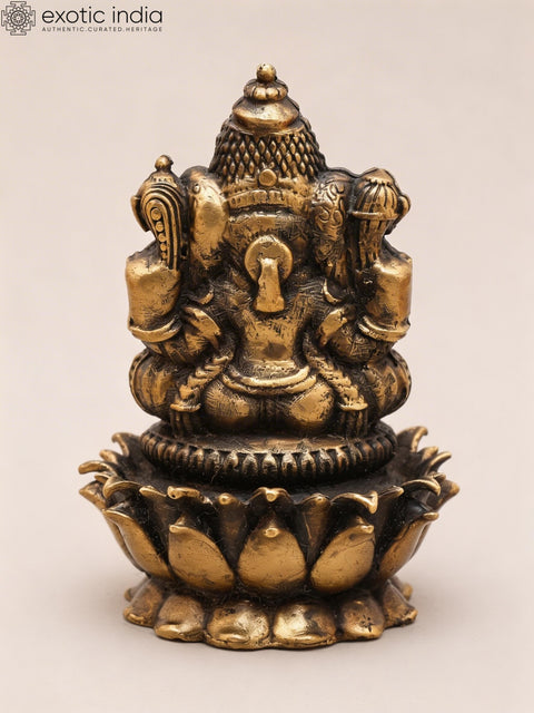 3" Small Chaturbhuja Lord Ganesha Seated on Lotus | Copper Idol