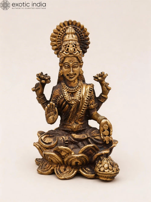 Small Blessing Goddess Lakshmi Seated on Lotus Copper Statue
