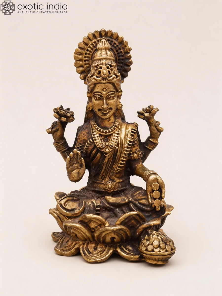Small Blessing Goddess Lakshmi Seated on Lotus Copper Statue