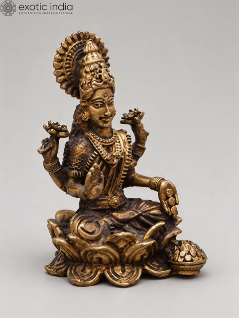 Small Blessing Goddess Lakshmi Seated on Lotus | Copper Statue