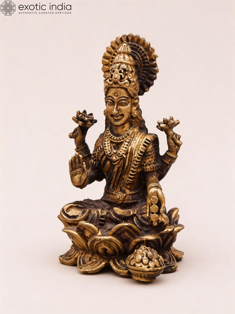 Small Blessing Goddess Lakshmi Seated on Lotus | Copper Statue