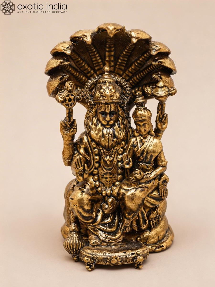 3" Lakshmi Narasimha on Sheshnag Copper Statue