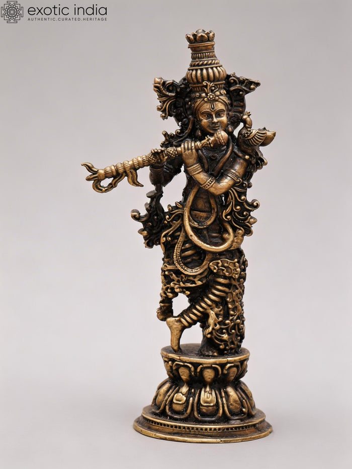 4" Lord Krishna Playing Flute Handmade Copper Statue