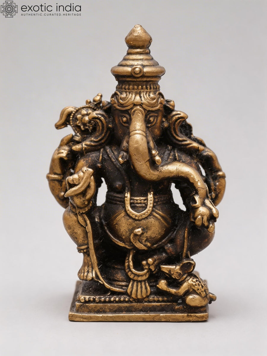 2" Small Ganapati Bappa with Mushak Copper Statue for Pooja