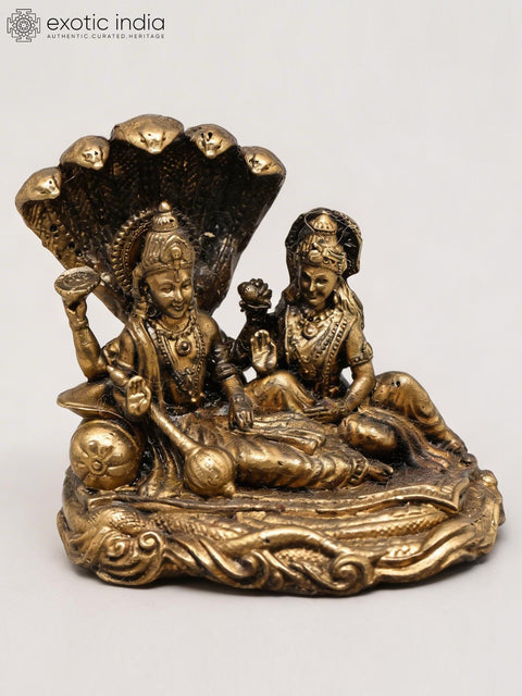 Small Shesha-Shayi Lord Vishnu with Goddess Lakshmi | Copper Statue