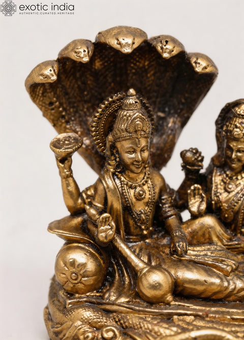 Small Shesha-Shayi Lord Vishnu with Goddess Lakshmi | Copper Statue