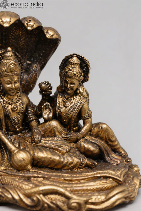 Small Shesha-Shayi Lord Vishnu with Goddess Lakshmi | Copper Statue