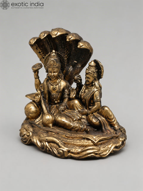 Small Shesha-Shayi Lord Vishnu with Goddess Lakshmi | Copper Statue