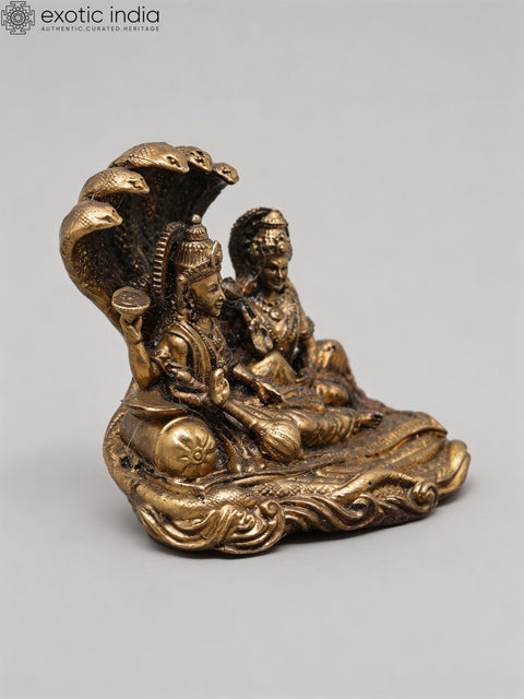Small Shesha-Shayi Lord Vishnu with Goddess Lakshmi | Copper Statue