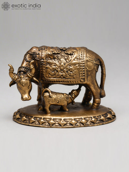 Small Copper Cow and Calf Statue for Home Decor