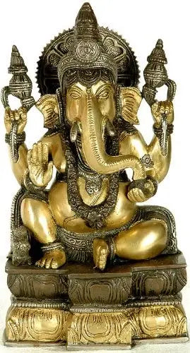 12" Four-Armed Seated Ganesha Brass Statue Handmade