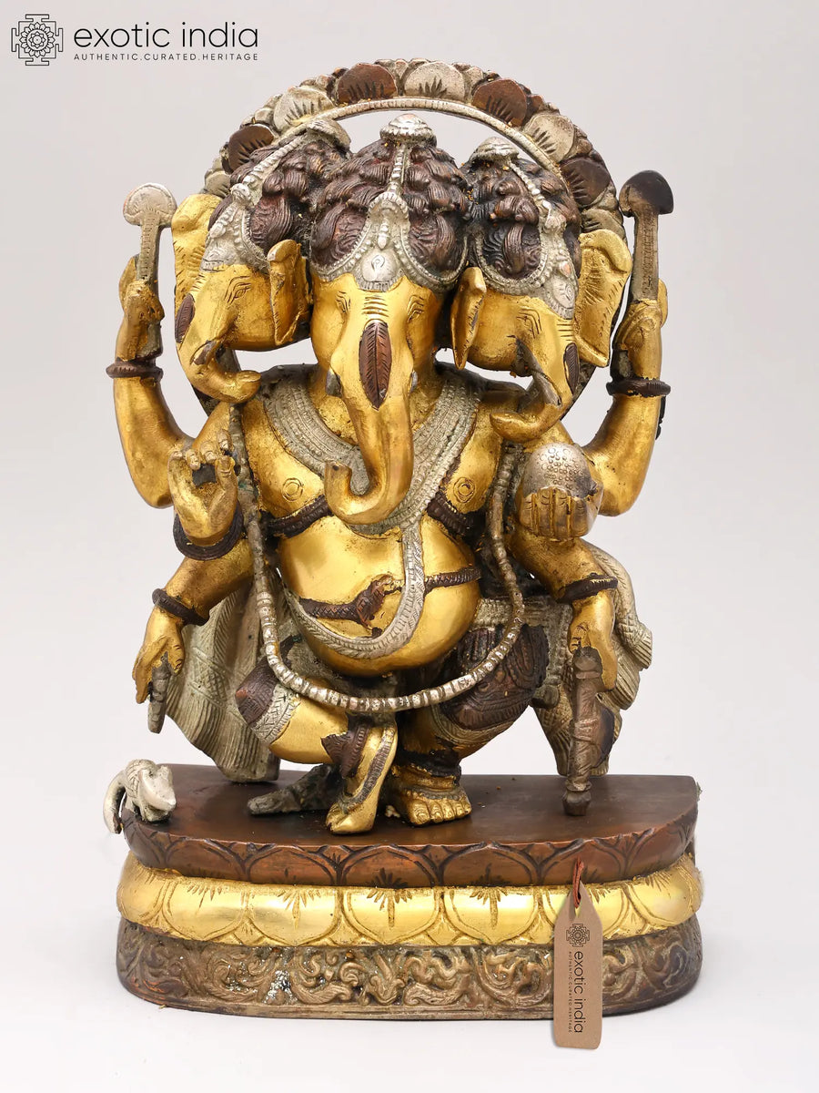 12" Three Headed Dancing Ganesha Handmade Brass Idol