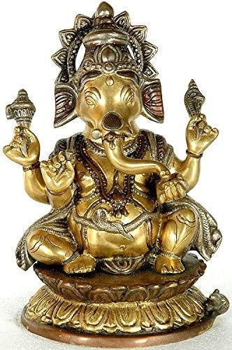 9" Brass Ganesha on Lotus Statue Handmade