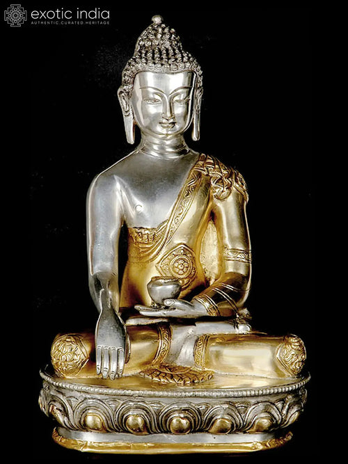 11" Buddha Bhumisparsha Mudra Brass Statue with Ashtamangala Carving