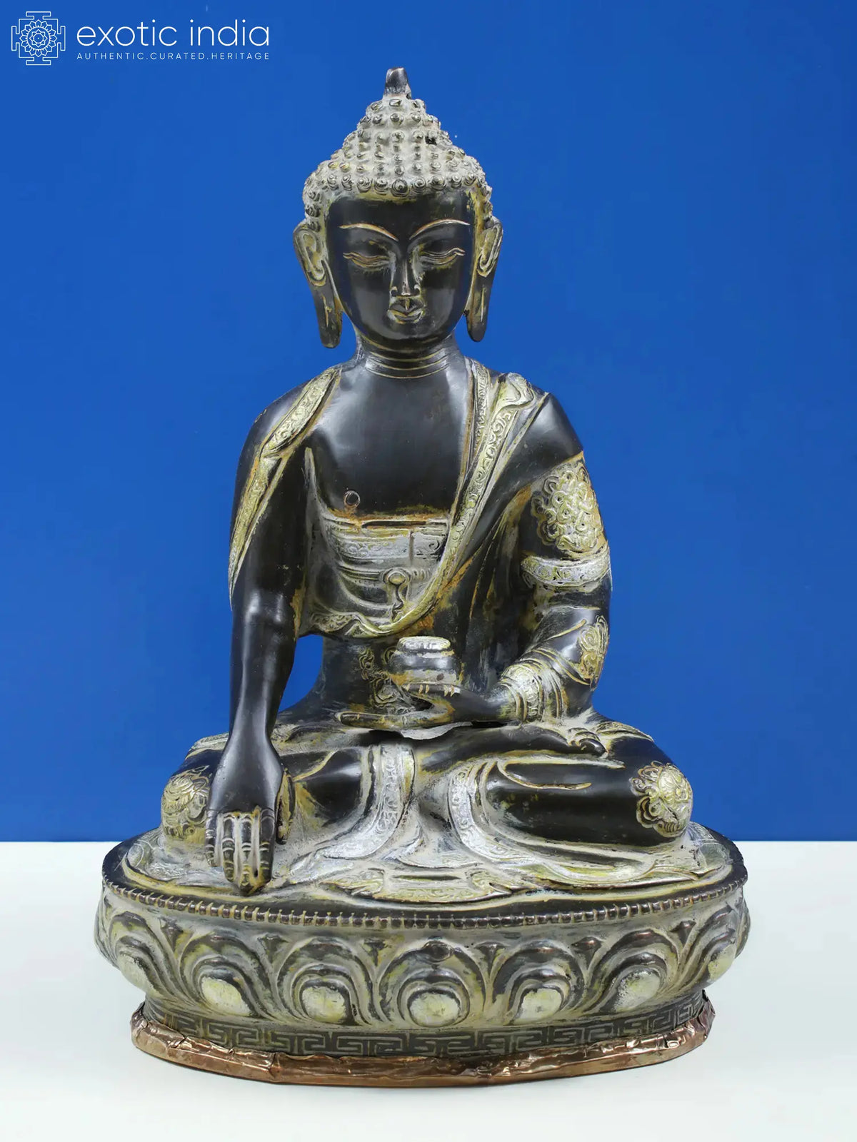12" Buddha in the Bhumisparsha Mudra with Ashtamangala Carved on His Robe In Brass | Handmade