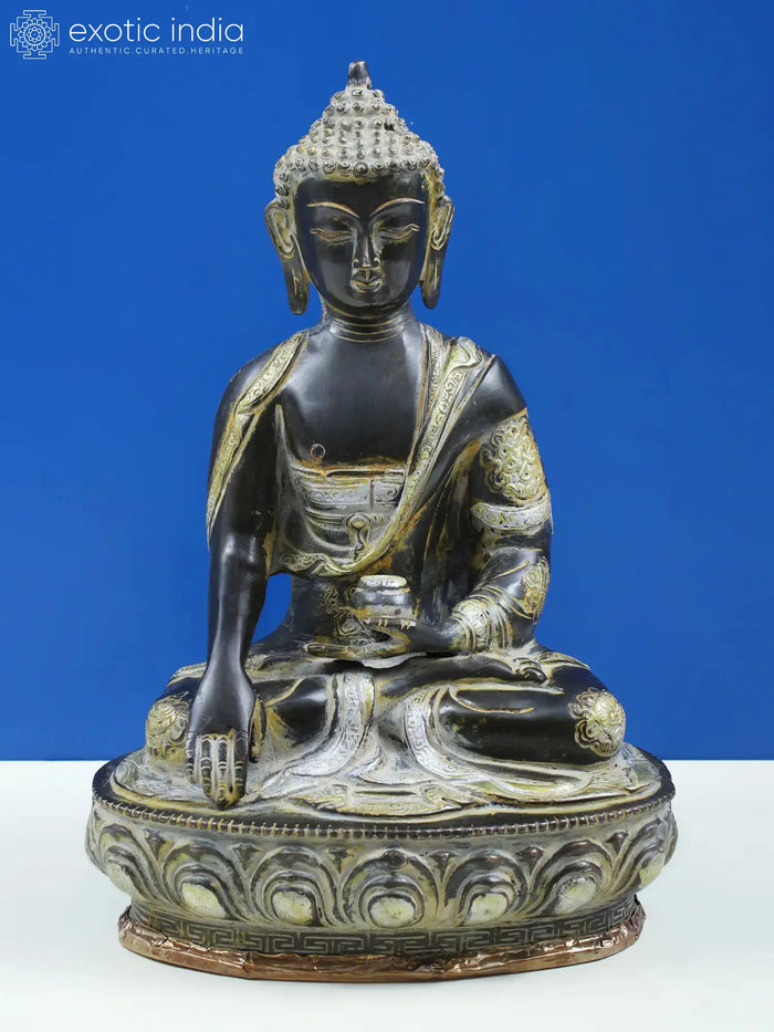 12" Buddha in the Bhumisparsha Mudra with Ashtamangala Carved on His Robe In Brass | Handmade