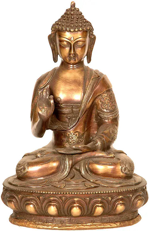 Buddha in Abhaya Mudra Brass Statue with Ashtamangala Carving