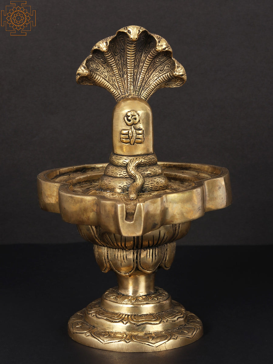 9" Brass Shivalinga Idol on Lotus Pedestal Handmade