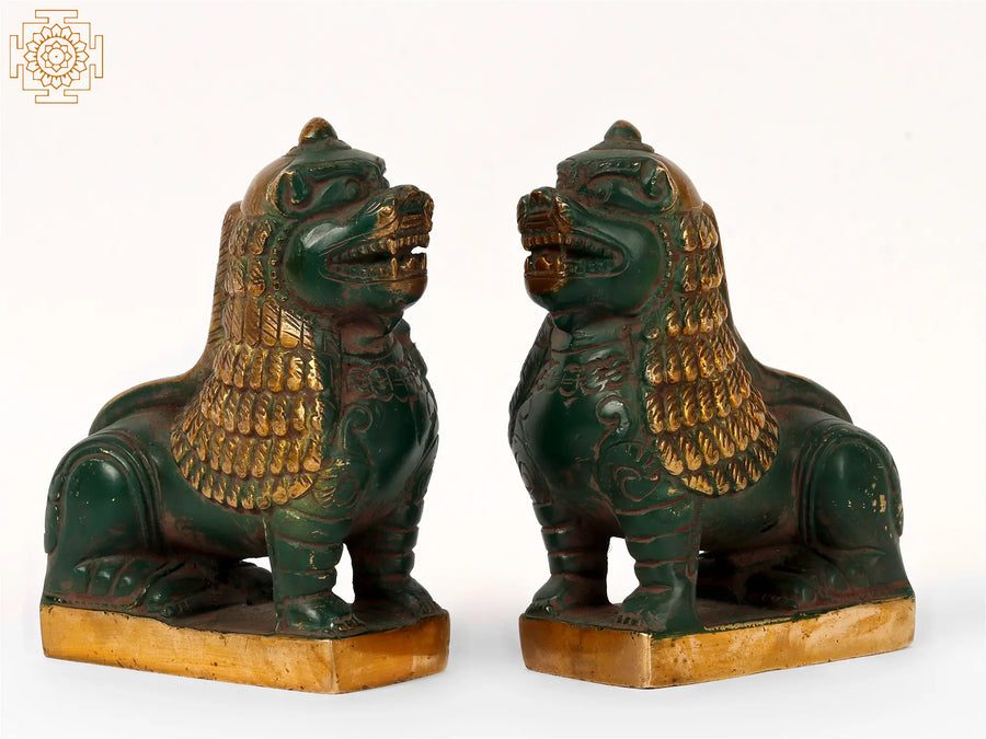Temple Guardian Lion Pair Brass Statues for Home Decor