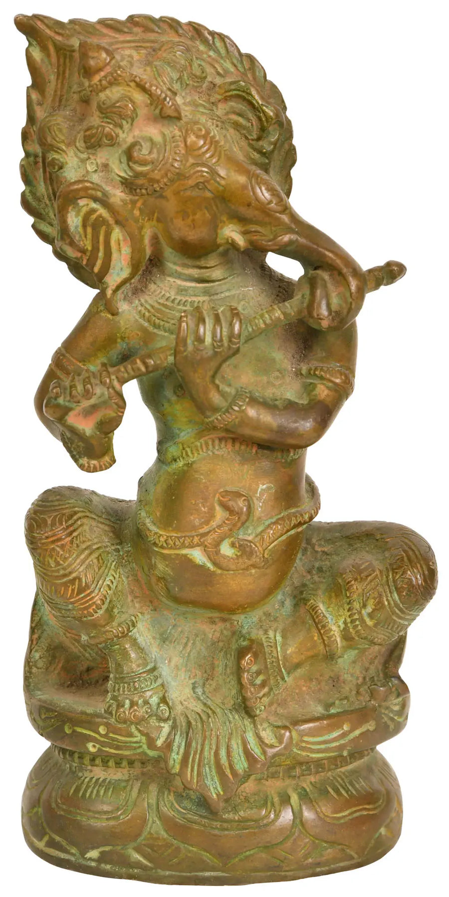 5" Handmade Fluting Lord Ganesha Brass Statue