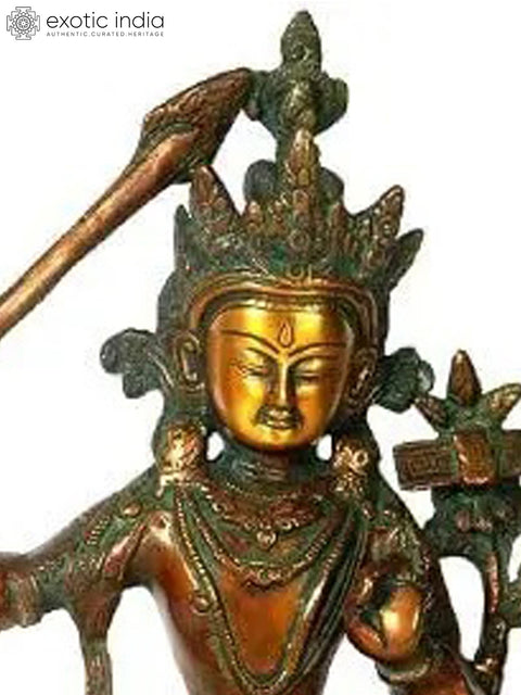 13" Buddhist Deity Manjushri Brass Statue - Bodhisattva of Wisdom | Handmade in India