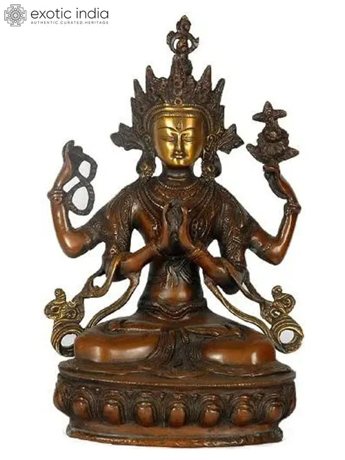 13" Handmade Chenrezig Brass Statue for Pooja