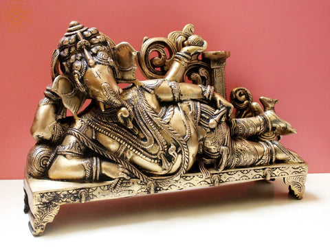 14" Reclining Ganesha with Lamp (Diya) In Brass | Handmade | Made in India