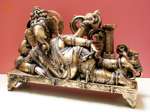 14" Reclining Ganesha with Lamp (Diya) In Brass | Handmade | Made in India
