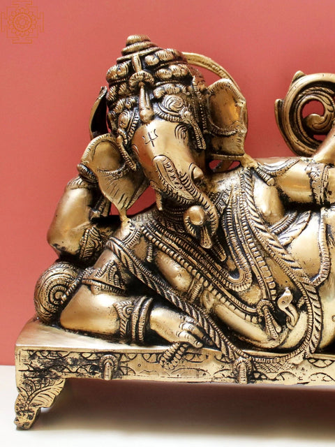 14" Reclining Ganesha with Lamp (Diya) In Brass | Handmade | Made in India