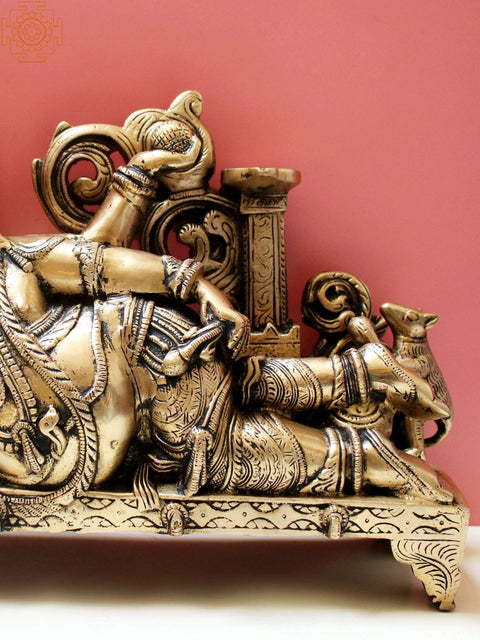 14" Reclining Ganesha with Lamp (Diya) In Brass | Handmade | Made in India