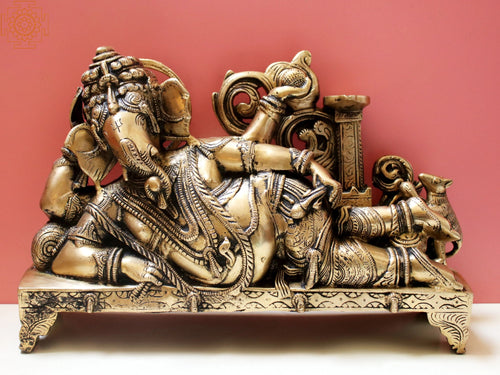 14" Reclining Ganesha Brass Statue with Oil Lamp