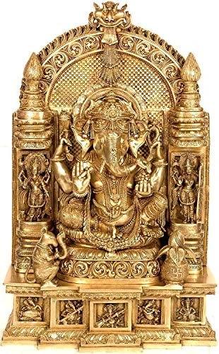 36" Brass Ganesha Seated in Royal Ease Posture with Lakshmi & Saraswati, Depicting Ganesha as Musician