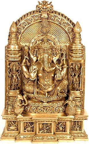 36" Brass Ganesha Statue with Lakshmi and Saraswati Handmade