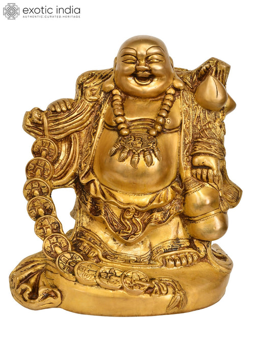 10" Laughing Buddha Brass Statue - Tibetan Buddhist Handmade Idol
