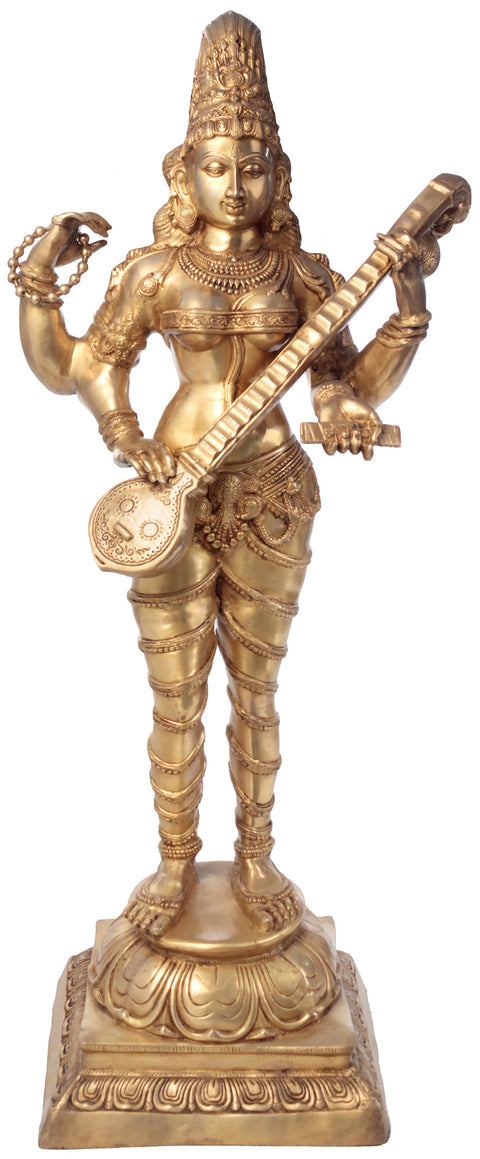 52" Large Vina-Vadini Saraswati Brass Statue | Indian Handcrafted Idol | Made in India