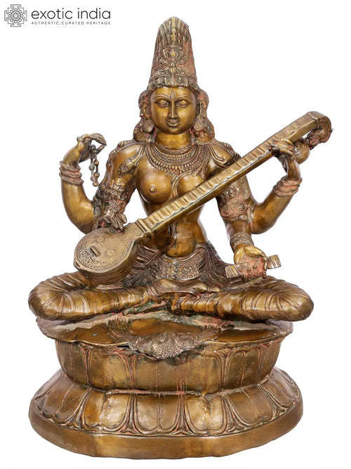 34" Large Handcrafted Brass Saraswati Statue on Lotus Kamalasana