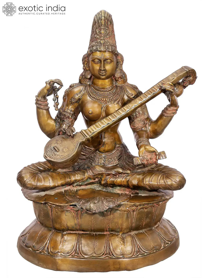 34" Large Handcrafted Brass Saraswati Statue on Lotus Kamalasana