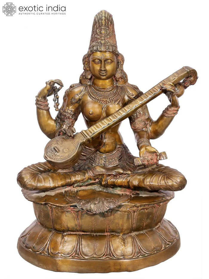 34" Large Kamalasana Saraswati Seated on Lotus | Handcrafted Brass Statue