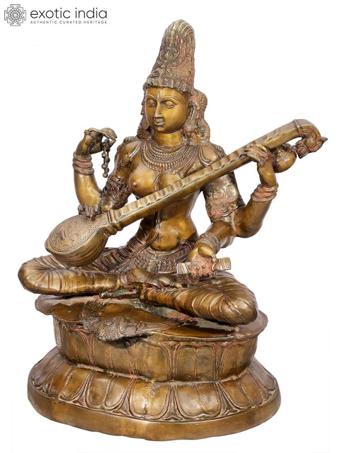 34" Large Kamalasana Saraswati Seated on Lotus | Handcrafted Brass Statue