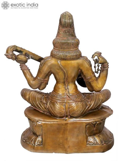 34" Large Kamalasana Saraswati Seated on Lotus | Handcrafted Brass Statue