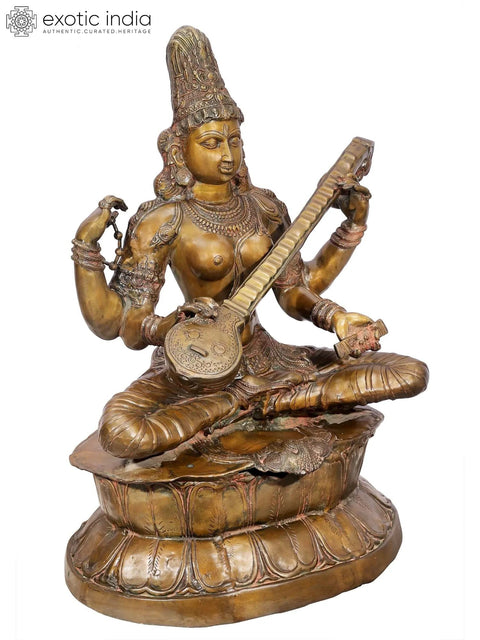 34" Large Kamalasana Saraswati Seated on Lotus | Handcrafted Brass Statue