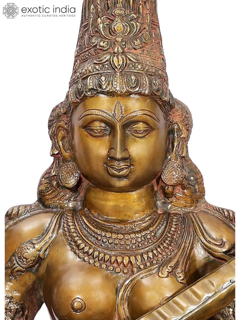 34" Large Kamalasana Saraswati Seated on Lotus | Handcrafted Brass Statue